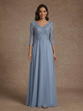 A-Line/Princess V-Neck Chiffon Mother of the Bride Dresses Floor-Length Half Sleeves Lace Appliques