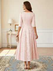 A-Line/Princess V-Neck Floral Burnout Mother of the Bride Dresses Tea-Length 3/4 Sleeves Belt