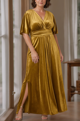 A-Line/Princess V-Neck Half Sleeves Floor-Length Plus Size Velvet Mother of the Bride Dresses with Ruffles