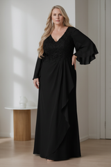 A-Line/Princess V-Neck Long Sleeves Floor-Length Plus Size Mother of the Bride Dresses with Ruffles