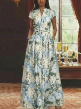 A-Line/Princess V-Neck Mother of the Bride Dresses Printed Satin Short Sleeves Floral Floor-Length