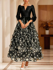 A-Line/Princess V-Neck Satin Mother of the Bride Dresses 3/4 Length Sleeves Ankle-Length Floral Lace