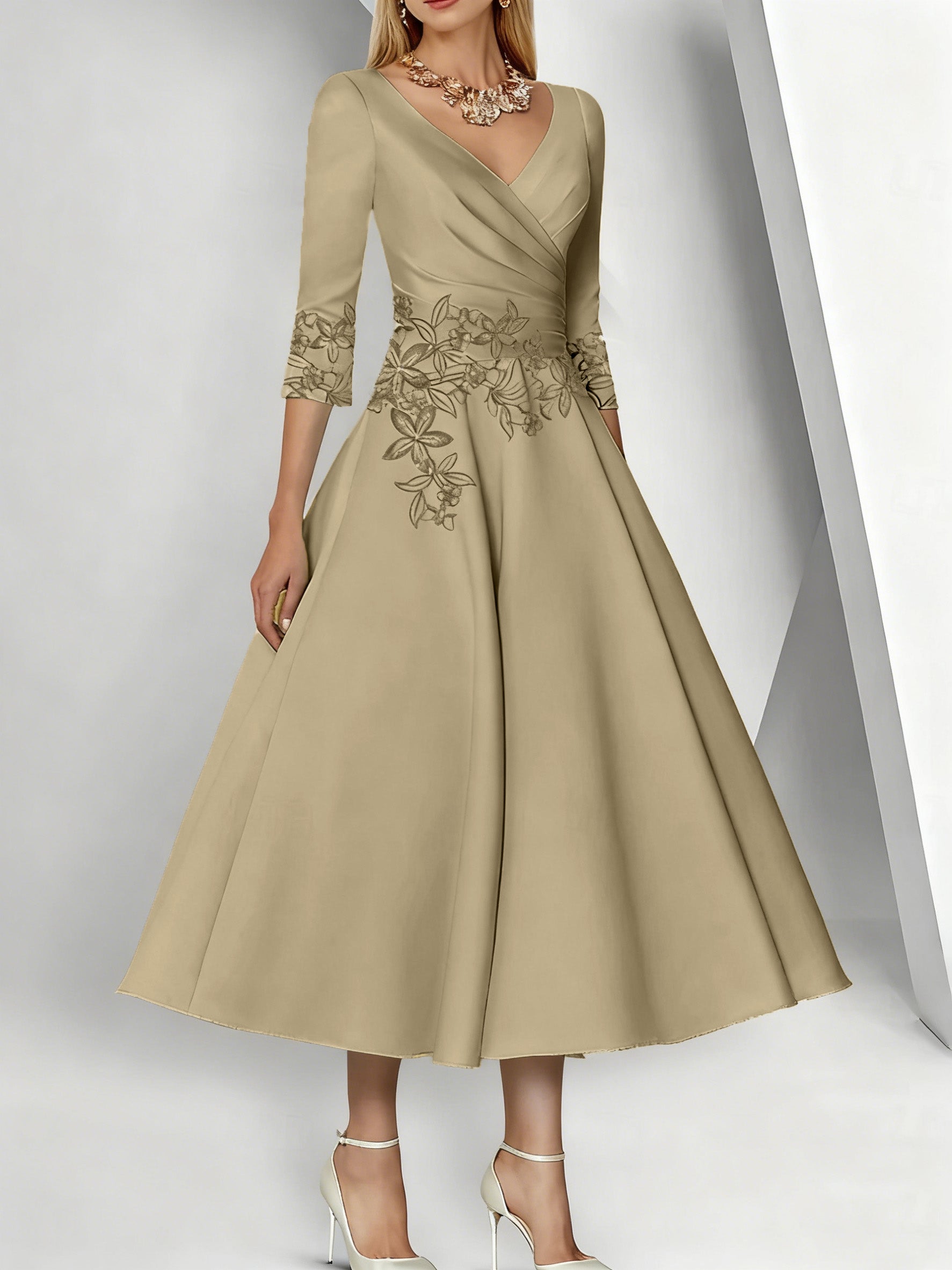 A-Line/Princess V-Neck Satin Mother of the Bride Dresses 3/4 Sleeves Pleated Lace Tea-Length