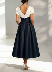 A-Line/Princess V-Neck Satin Mother of the Bride Dresses Short Sleeves Floral Tea-Length Appliques