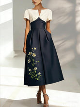 A-Line/Princess V-Neck Satin Mother of the Bride Dresses Short Sleeves Floral Tea-Length Appliques