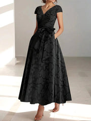 A-Line/Princess V-Neck Short Sleeves Ankle-Length Rose Lace Applique Mother of the Bride Dresses With Pockets & Ruffles
