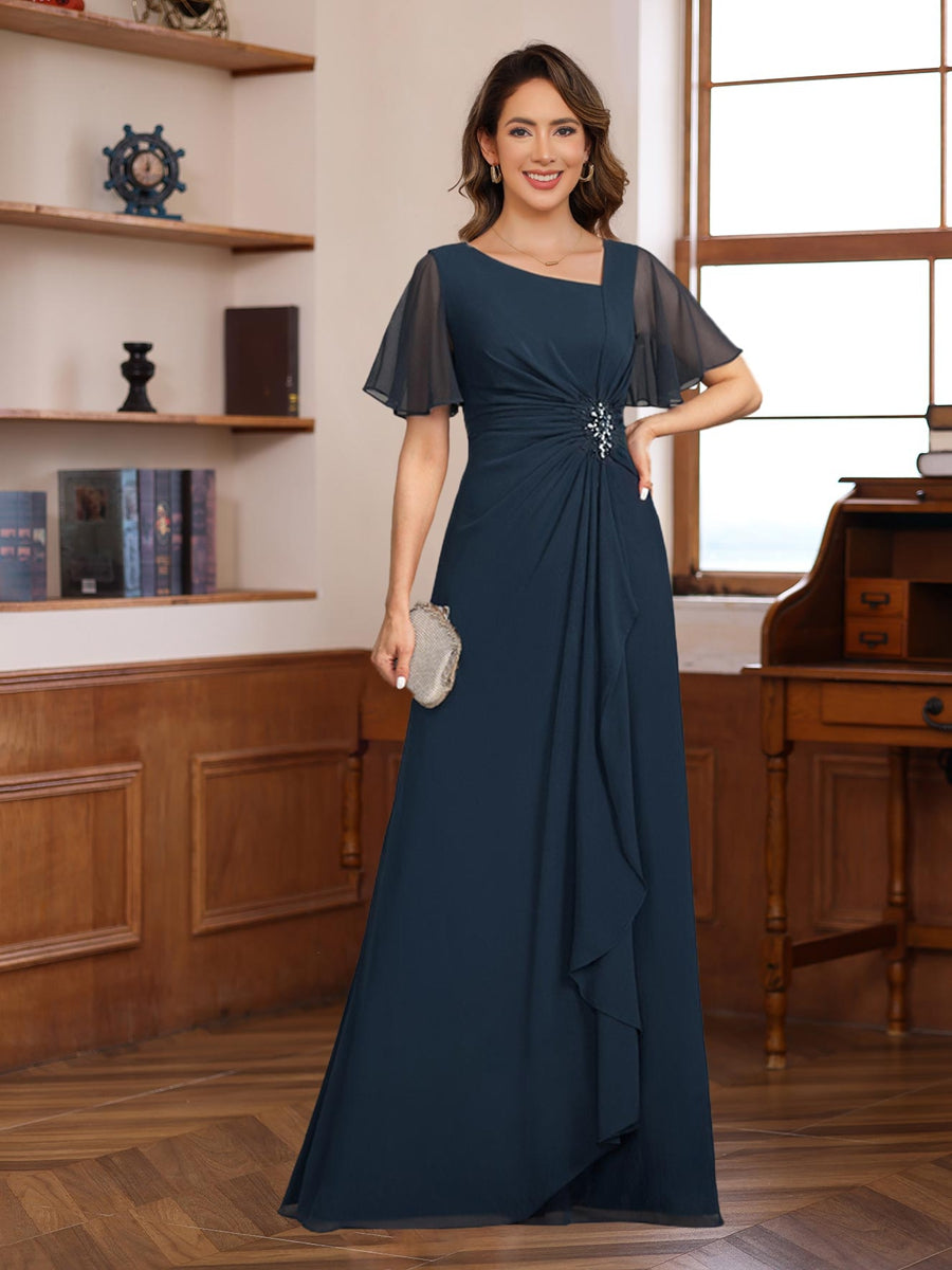 A-Line/Princess V-Neck Short Sleeves Chiffon Mother of the Bride & Groom Dresses with Appliques & Ruffles, Navy Blue
