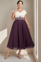 A-Line/Princess V-Neck Short Sleeves Tea-Length Plus Size Mother of the Bride Dresses with Lace