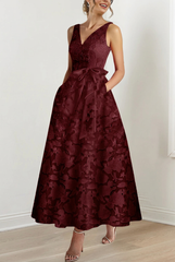 A-Line/Princess V-Neck Sleeveless Ankle-Length Rose Lace Applique Mother of the Bride Dresses with Pockets & Ruffles