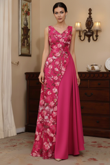 A-Line/Princess V-Neck Stretch Satin Mother of the Bride Dresses Floral Lace Floor-Length Sleeveless Ruffles