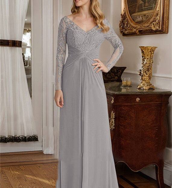 A Line Princess V Neck Floor Length Mother Of The Bride Dresses With Lace Ruffle