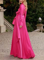 A Line Princess V Neck Floor Length Long Sleeves Satin Chiffon Two Piece Mother Of The Bride Dresses With Bowknot