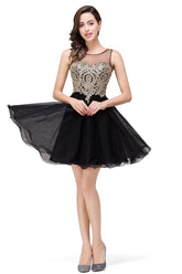 A-line Crew Short Sleeveless Appliques Prom Dresses