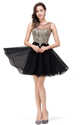 A-line Crew Short Sleeveless Appliques Prom Dresses