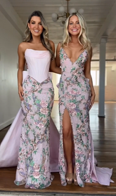 Adorable Pink Sleeveless Front-Split Printed Mermaid Prom Dress with Bowknot