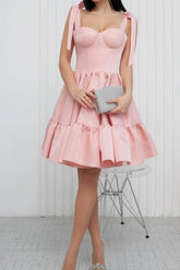 Adorable Sweetheart Corset Satin Tiered Ruffles Bow Strap Flared A-Line Mini Party Dress