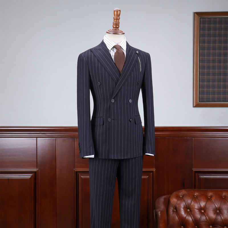 Affordable Navy Blue Striped Slim Fit Custom Business Suit