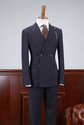 Affordable Navy Blue Striped Slim Fit Custom Business Suit