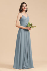 Affordable V-Neck Ruffle Dusty Blue Chiffon Bridesmaid dresses