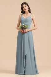 Affordable V-Neck Ruffle Dusty Blue Chiffon Bridesmaid dresses