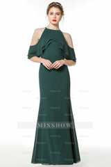 Affordable off-The-Shoulder Ruffle Dark Green Bridesmaid dresses