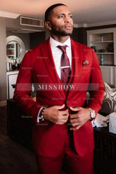 Alexander Red Three Pieces Stylish Velvet Peak Lapel Men’s Suits