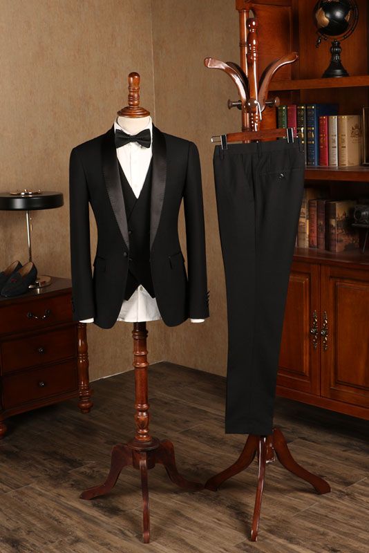 All Black Three Pieces Custom Wedding Suit for Grooms