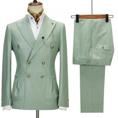 Alluring Sage Peak Lapel Double Breasted Prom Suit