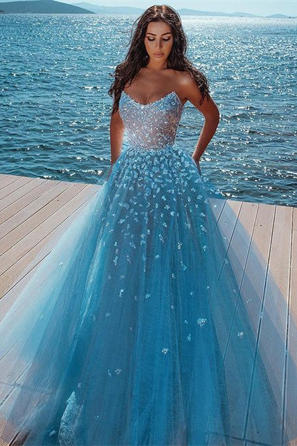 Alluring Strapless Sweetheart Tulle Beading Prom Evening Dresses