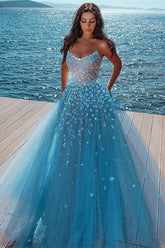Alluring Strapless Sweetheart Tulle Beading Prom Evening Dresses
