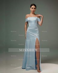 Amazing A-Line Satin Off-The-Shoulder Sleeveless Prom Dresses With Split Front