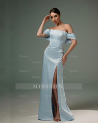Amazing A-Line Satin Off-The-Shoulder Sleeveless Prom Dresses With Split Front