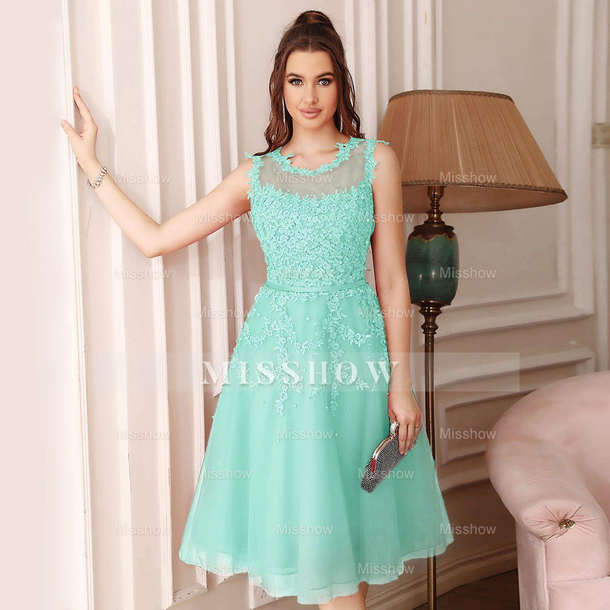 Amazing A-Line Scoop Sleeveless Lace Short Bridesmaid Dresses
