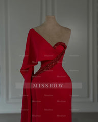 Amazing Column Chiffon One Shoulder Cap Sleeve Red Prom Dress With Rhinestone