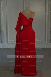 Amazing Column Chiffon One Shoulder Cap Sleeve Red Prom Dress With Rhinestone