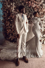 Amazing Column Lace High Neck Long Sleeve White Long Wedding Dress With Appliques Train