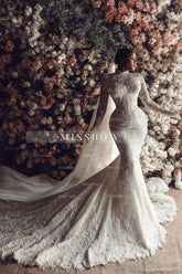 Amazing Column Lace High Neck Long Sleeve White Long Wedding Dress With Appliques Train
