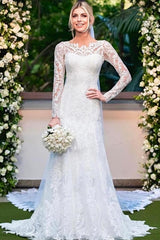 Amazing Column Lace Long Sleeve White Wedding Dresses With Appliques