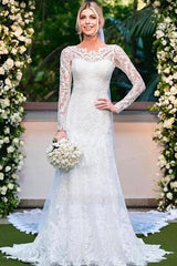 Amazing Column Lace Long Sleeve White Wedding Dresses With Appliques