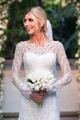Amazing Column Lace Long Sleeve White Wedding Dresses With Appliques