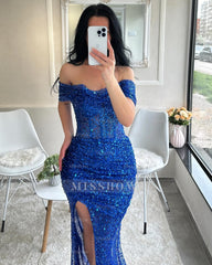 Amazing Column Off-the-shoulder Sleeveless Sequined Tulle Split Front Prom Dresses