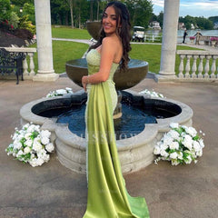 Amazing Column One Shoulder Sleeveless Satin Split Front Prom Dresses