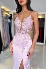 Amazing Column Satin Lace V-Neck Sleeveless Prom Evening Dresses With Split Front