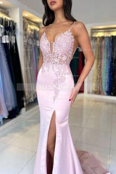 Amazing Column Satin Lace V-Neck Sleeveless Prom Evening Dresses With Split Front