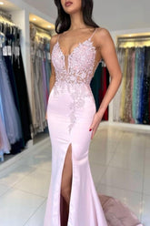 Amazing Column Satin Lace V-Neck Sleeveless Prom Evening Dresses With Split Front