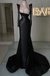 Amazing Column Satin Long Sleeve Black Prom Evening Dresses With Rhinestone Train