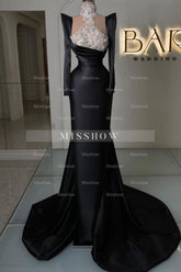 Amazing Column Satin Long Sleeve Black Prom Evening Dresses With Rhinestone Train