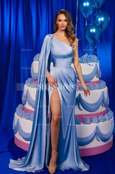 Amazing Column Satin One Shoulder Sleeveless Prom Evening Dresses With Ruffles Split Front