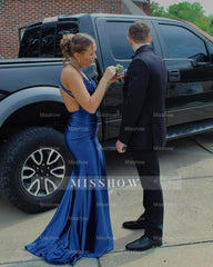 Amazing Column Satin Scoop Sleeveless Blue Prom Dresses With Appliques Split Front