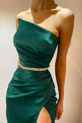 Amazing Column Satin Sleeveless Prom Evening Dresses With Ruffles Split